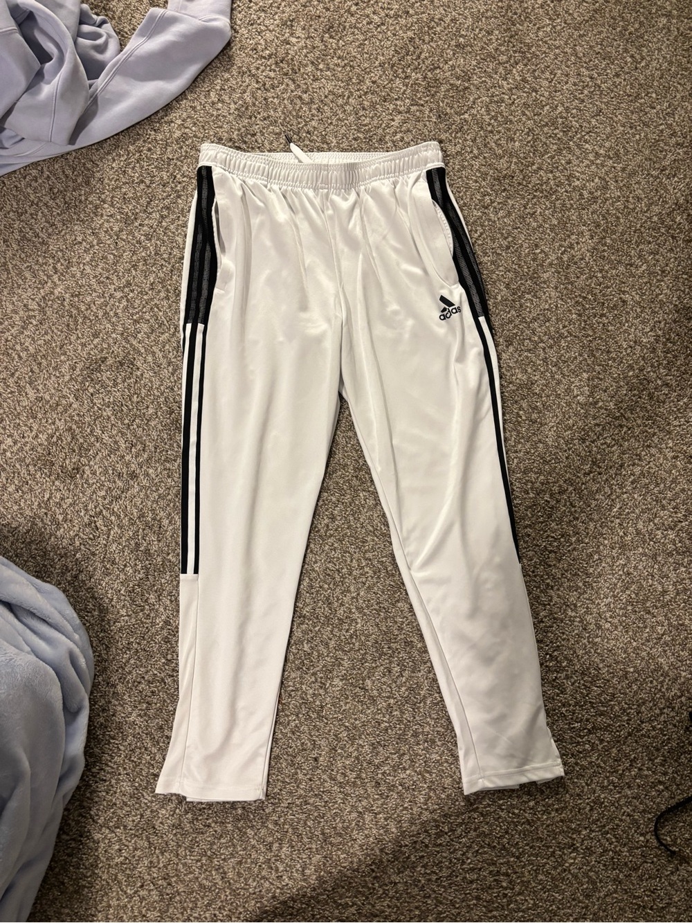adidas White Jogger Pants with Black Side Stripes and Logo